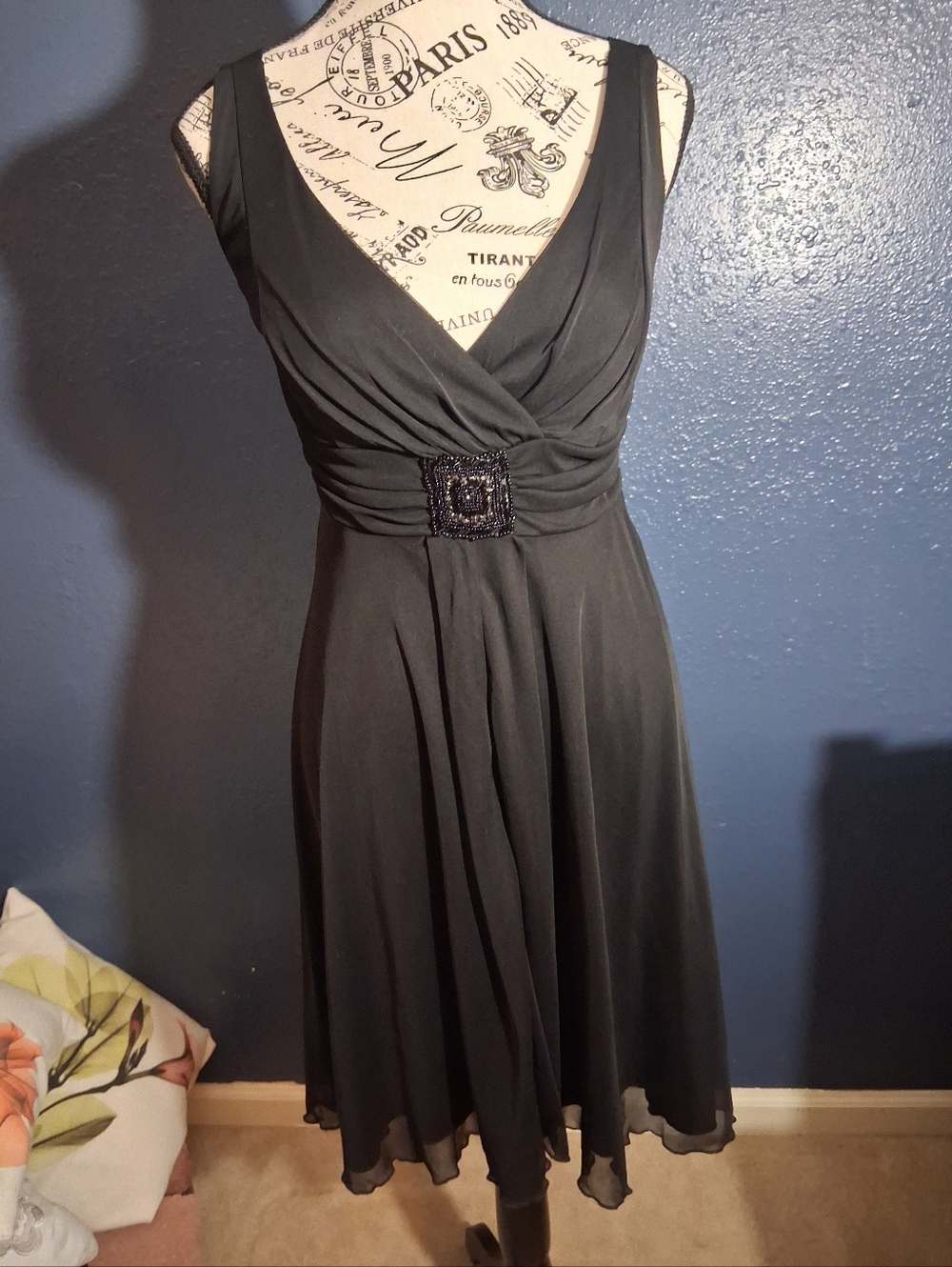 Enfocus Studio Black Strapless Draped Evening Dress with Beaded Waist Accent